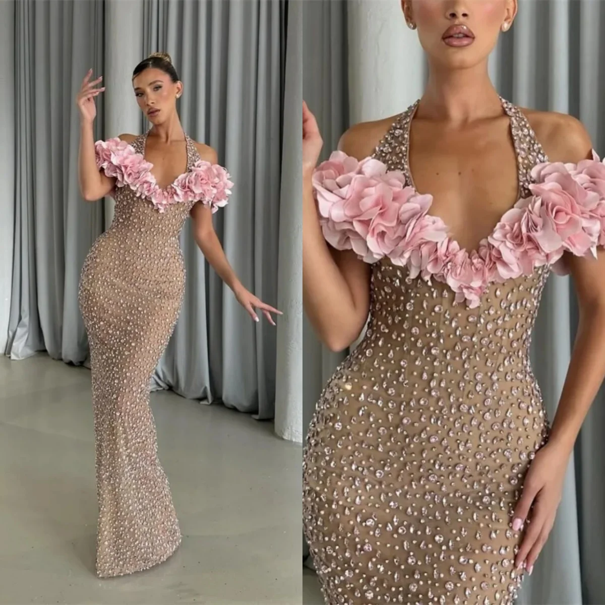 

Luxurious Mermaid Evening Dress Halter Neck Crystal Sleeveless Prom Gowns Sheath Appliques Floor Length Party Dresses Customized