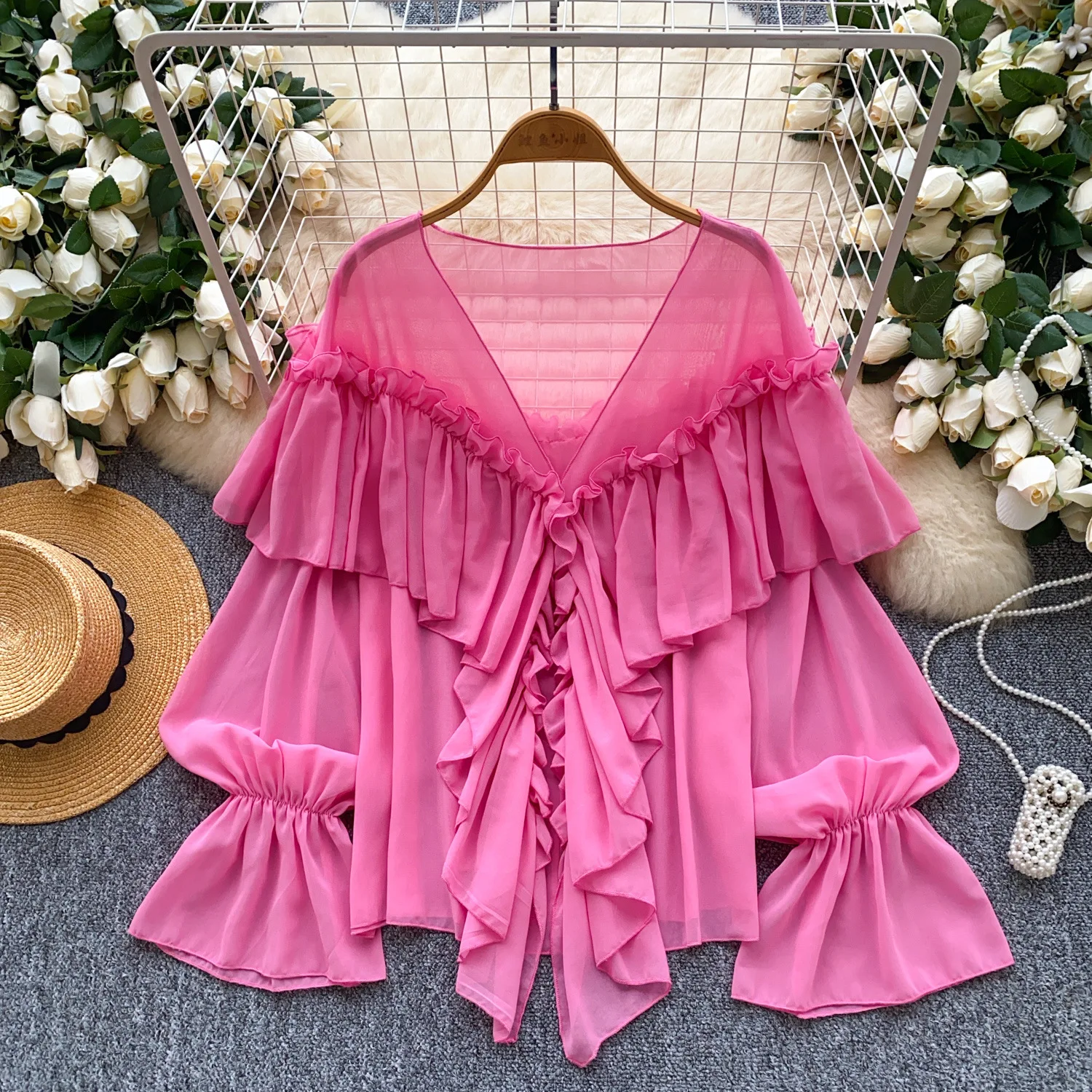 

Blouses Women Shirt V Neck Flare Sleeve Tops Ruffles Casual Y2k Streetwear Elegant Splice Work High Waist Slim Fit 2025 White