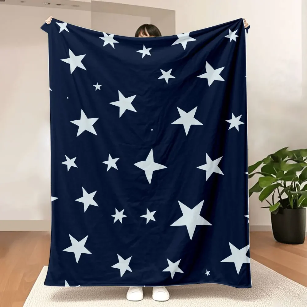 Navy Blue Starry Night Sky Blanket - Soft Cosy Printed Throw with Random White Stars, Ideal for Bedroom, Living Room, or Gifting