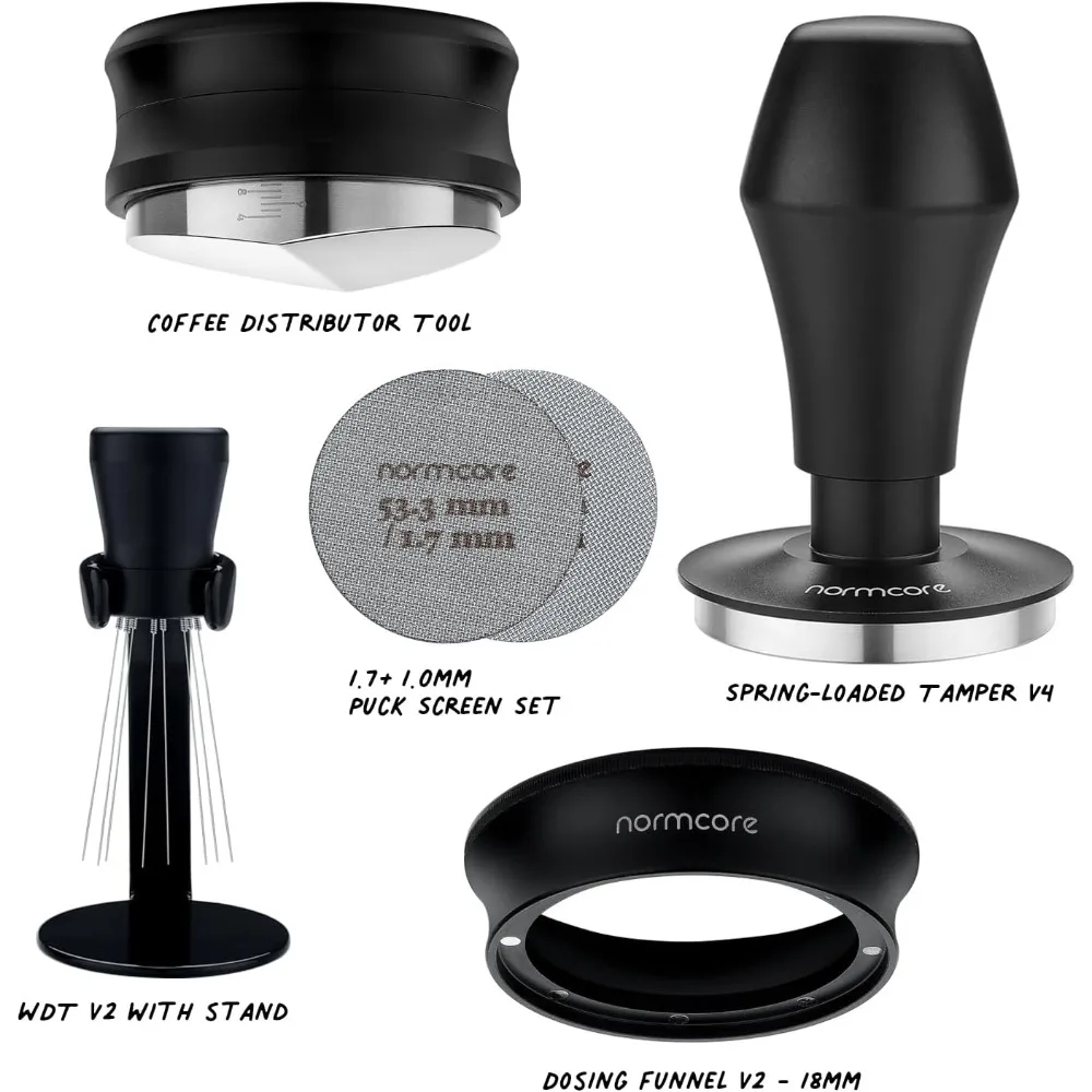 7-in-1 Compact Barista Kit: Coffee Tamper, Distributor Tool, WDT with Stand, Dosing funnel, Puck Screen, Tamping Mat,