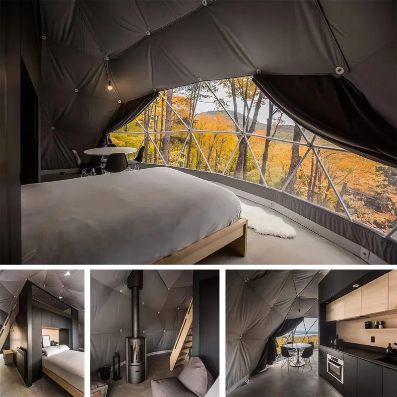 Geodesic Glamping Dome Tent with Triangular Wooden Door Outdoor Dome Tent for Boutique Resorts and Nature Retreats Customized