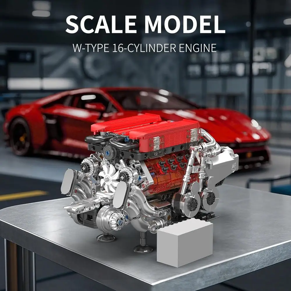 ชุดประกอบเครื่องยนต์ W16, 10163 เครื่องยนต์เผาไหม้ขนาดเล็ก, ของเล่น STEM สำหรับผู้ใหญ่ ประกอบด้วย 952 ชิ้น พร้อมแบตเตอรี่และมอเตอร์