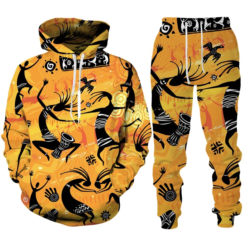 African Retro Colorful Folk-Custom Print Unisex Hoodie/Pants/Suit Ethnic Two Piece Tracksuit Set Fashion Couple Sportswear Suits