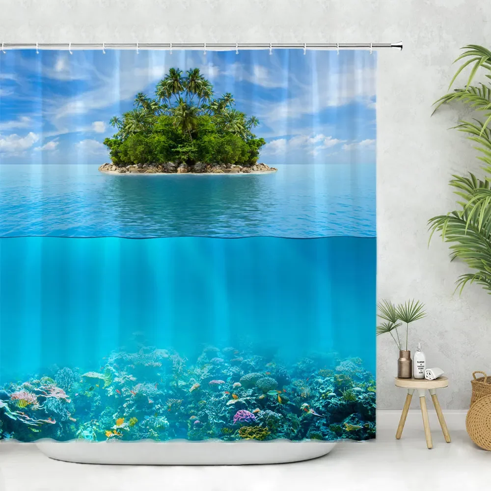 Seaside Scenery Bathroom Shower Curtain Tropical Ocean Beach Palm Tree Leaf Washable Shower Curtains Polyester Fabric Home Decor