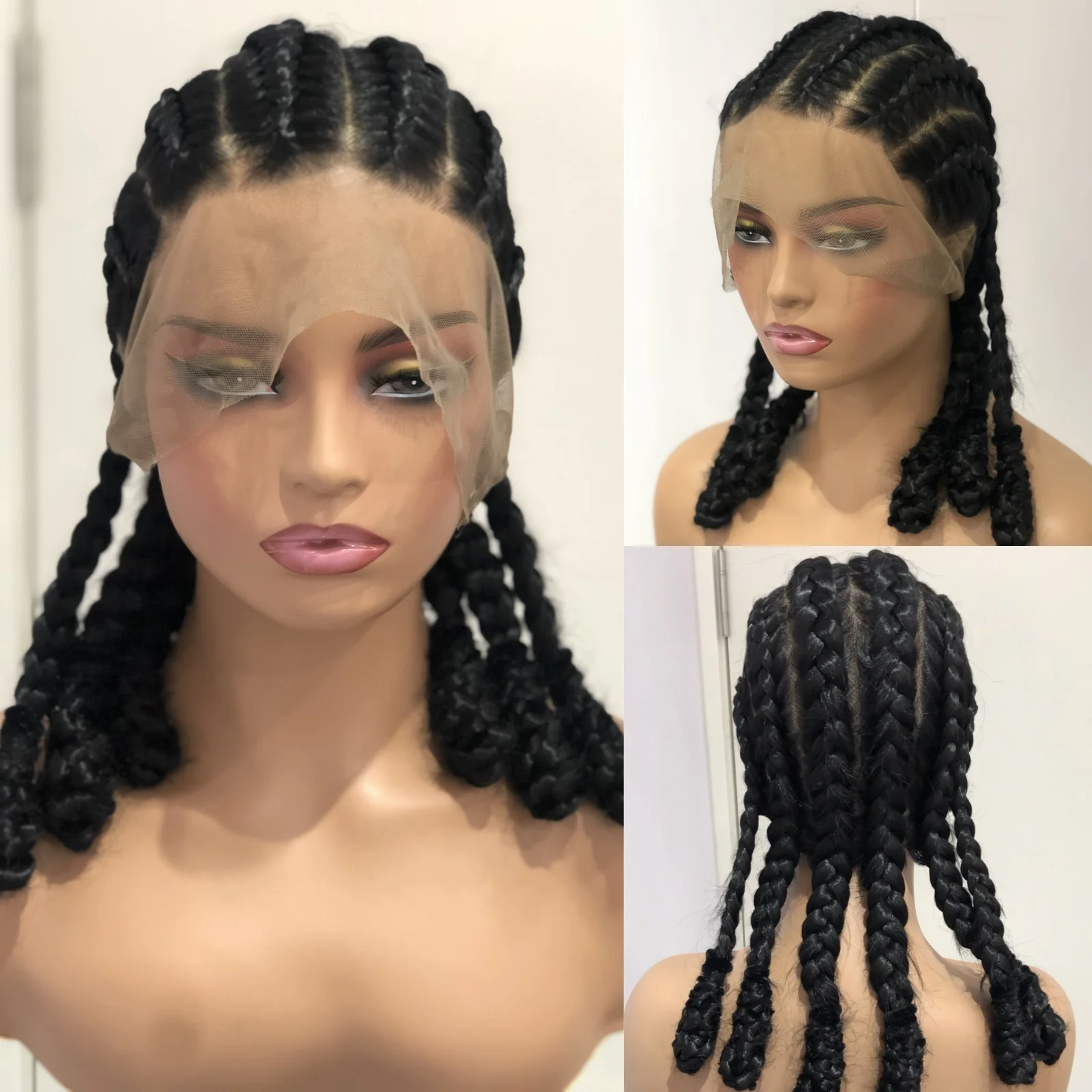 Wig kepang Afrika kotak sintetis kepang renda penuh Wig alami kepang renda depan Wig Cornrow kepang Wig kepang untuk WANITA HITAM