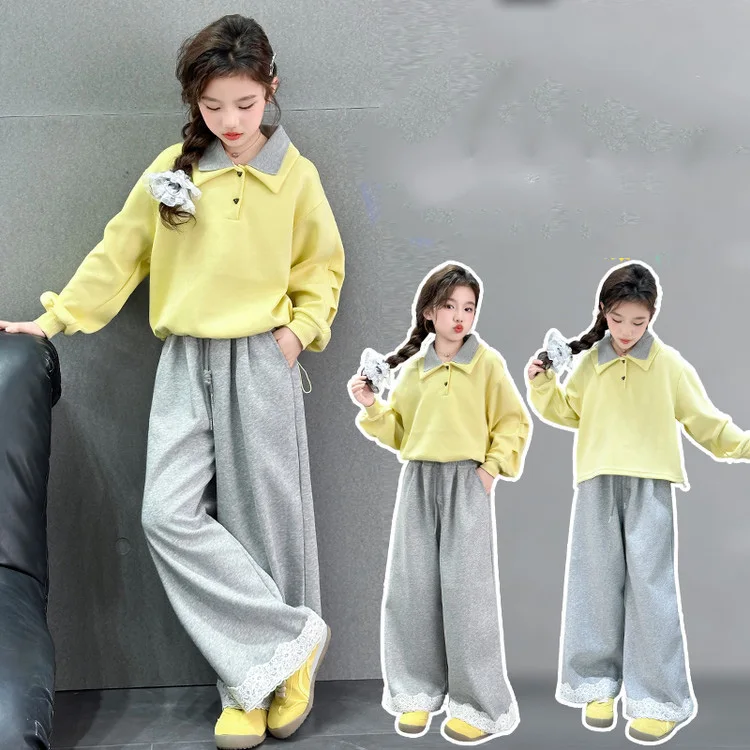 

School Girls 2pcs Tracksuit Autumn Turn Down Collar Long Sleeves Sweatshirt+Drawstring Pant Children Girls Sets Kids Girls Suits