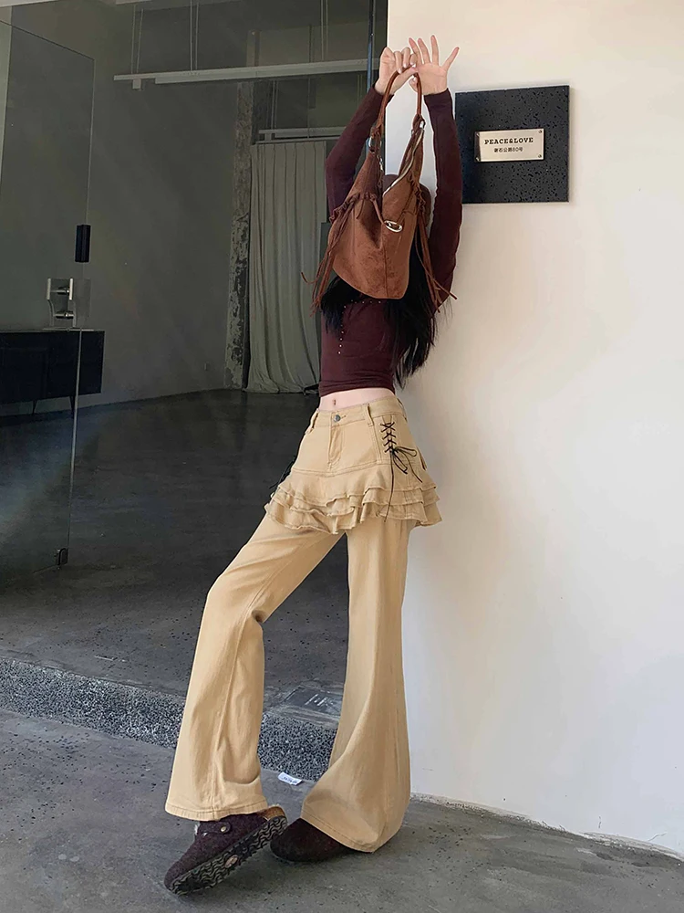 REDDACHiC Tiered Ruffle Skirt Stitch Women Jeans Khaki Vintage Fake Two-piece High Waist Pockets Bootcut Pants Korean Streetwear