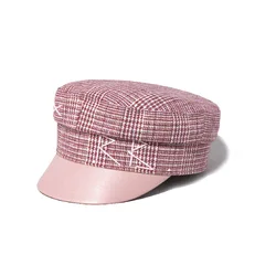 Size S-XL Patchwork Flat Pink PU Leather Brim Militray Caps Baker Boy Hat Women Newsboy Caps