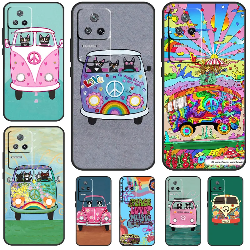 Hippy Peace Bus Cat Case For Xiaomi 13T 14 Pro 11T 12T 12 13 Lite POCO X6 X3 X4 X5 Pro F3 F5 M5s M6 Pro Cover