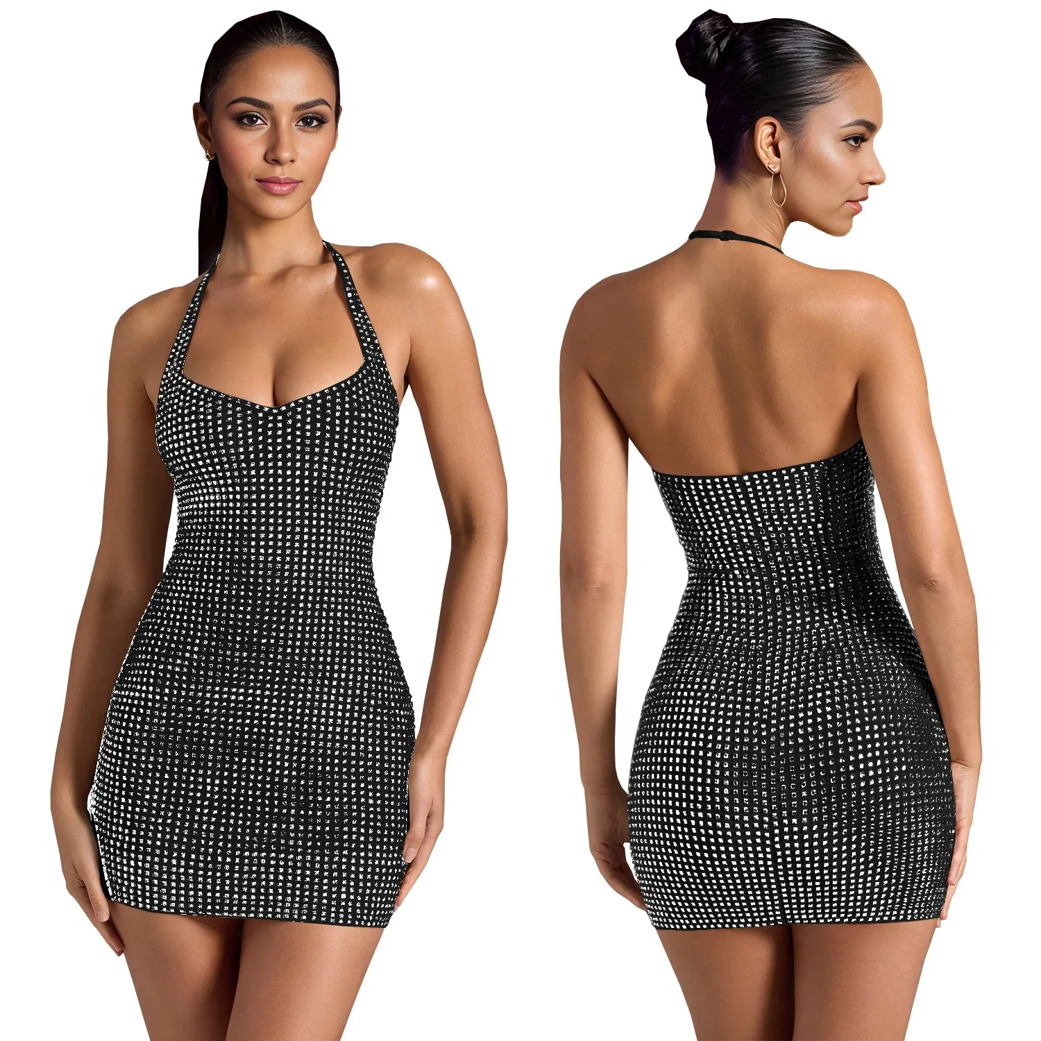 セクシーなパーティーナイトクラブダンス集会クラブ宴会ソリッドカラーホルターネックラインストーン装飾ボディコンドレス