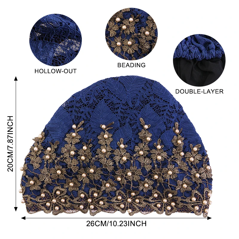 Women Muslim Head Wrap Lace Embroidered Turban Hat Flower Turban Beanie Cap Stretchy Hair Wrap  Beanie Cap