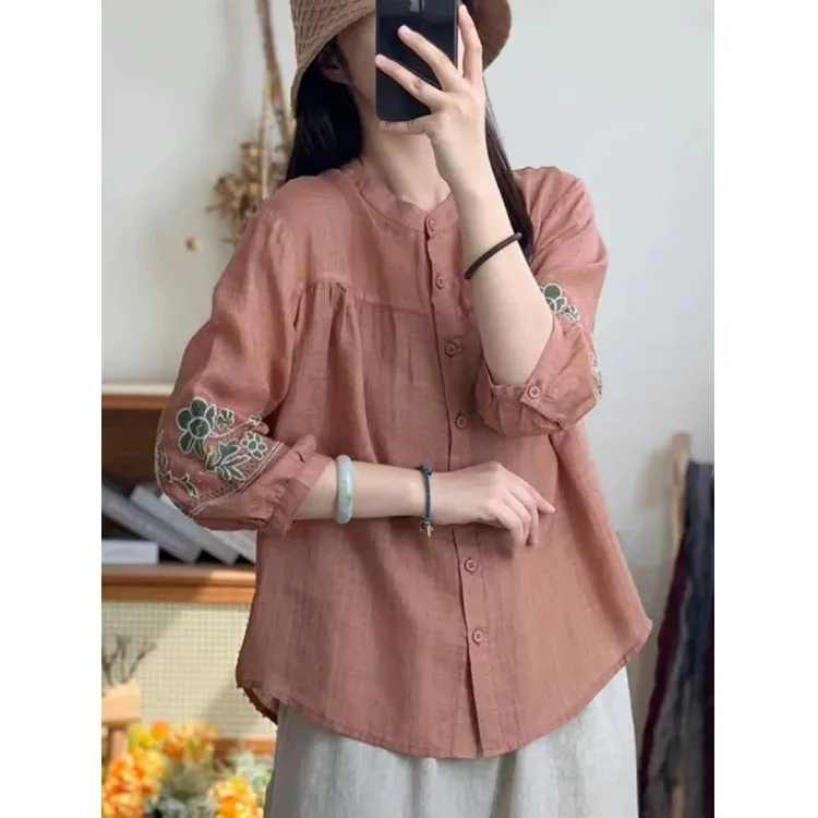 Été lourd broderie coton lin irt ventre ample couvrant sept quarts Sve dames Faion simple bouton mince irt