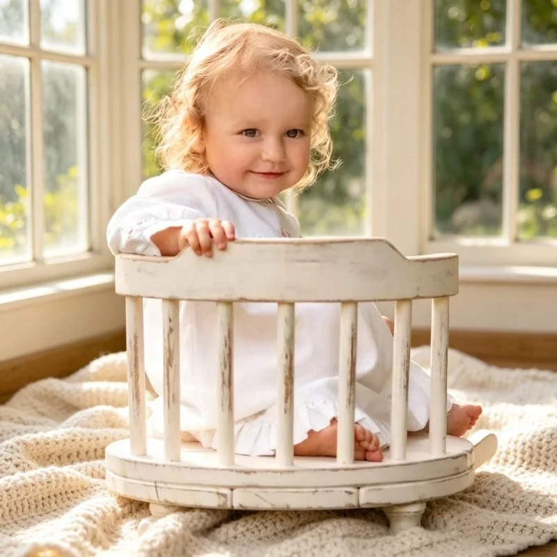 Baby Photo Shoot Wooden Chair Round Leg Old-fashioned Style Newborn Photography Props Infant Studio Shooting Sofa Accessories
