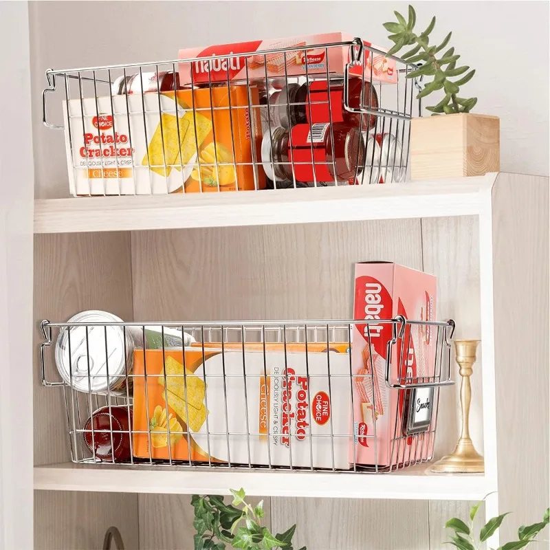 Stackable Chest Freezer Baskets Organizer Bins, Metal Wire Baskets Pantry Organizer Produce Baskets With Tag Slot For Sn