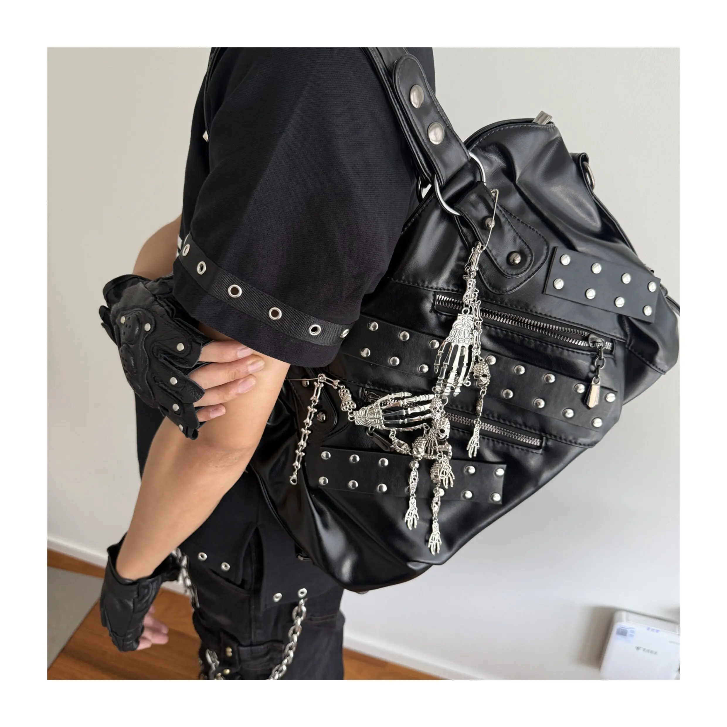 Punk Goth Tote Bag Black Rivet Locomotive Bags for Women's Large Capacity Rock Shoulder Bag