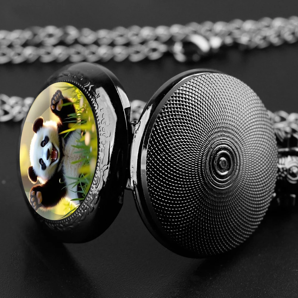الباندا زجاج قبة ساعة الجيب مع سلسلة قلادة خمر الكوارتز قلادة الساعات الرجال النساء هدية