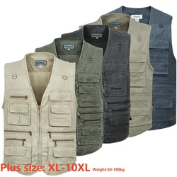 New 180KG Thin Men Vests Casual Multi-Pocket Zippered Large Size 9XL 10 XL Fishing Middle-aged Elderly Washed Male Outdoor Vest