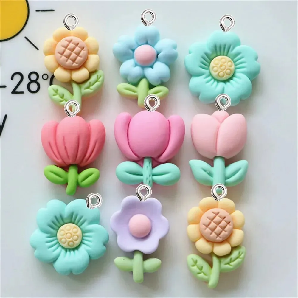 10Pcs Kawaii Colored Flower Resin Charms, Sweet DIY Pendants for Earrings Hair Ropes Keychains Handmade Jewelry Gift Ornaments