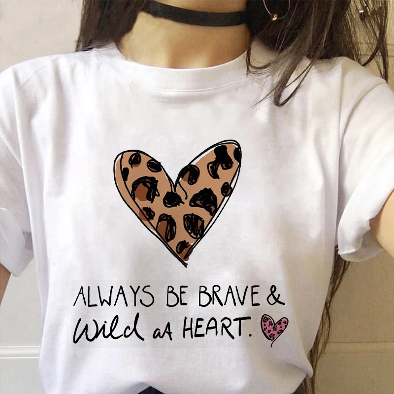 Leopard Love Heart Women T shirts Funny Short Sleeve Cute Print Casual Tees Tshirt for Female Clothes Top Graphic Ladies T-shirt