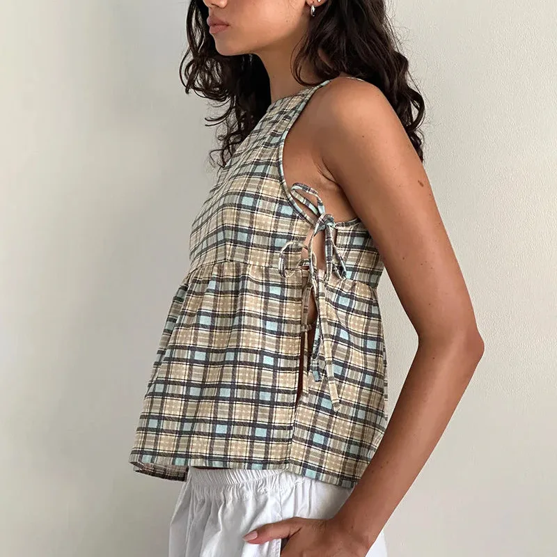 Gaono Women Y2k Babydoll Tank Top Cute Tie Up Side Sleeveless Peplum Top Vintage Plaid Solid Cami Tank Top Coquette Streetwear