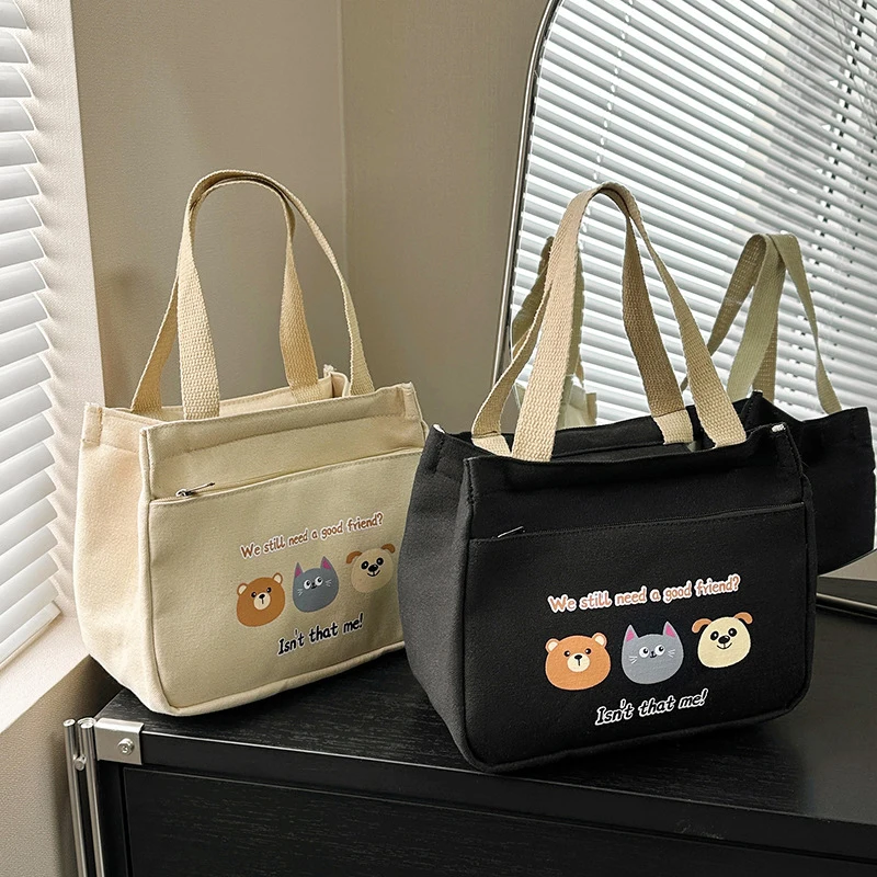 

1PC Ladies Cute Lunch Bag Cartoon Bear Printing Insulated Canvas Multifunctional Tote Workers Insulated Food Boxes