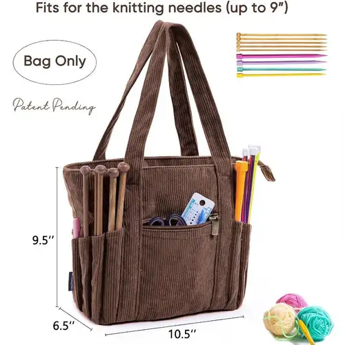 Imagen 2 del producto Bolso de pana para mujer, bolsa de almacenamiento de hilo de lana, bolsa de tejer DIY de pana, herramientas de ganchillo de gran capacidad, bolsa de almacenamiento de lana