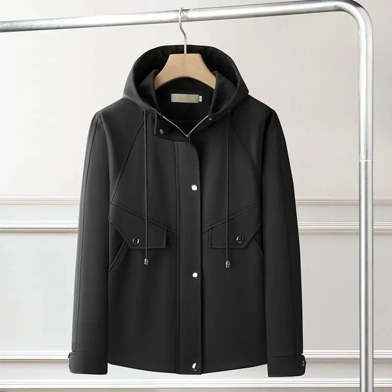 

Women's White Windbreaker with Drawstring Hood - Casual Spring Autumn Outerwear Jacket | Versatile Simple Fashion Coat w1851