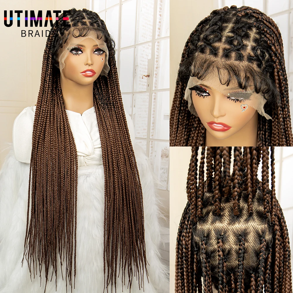 Synthetic Full Lace Box Braided Wigs for Black Women Criss Cross Box Braid Wigs Brown 34 Inches Lace Frontal Braiding Hair Wigs