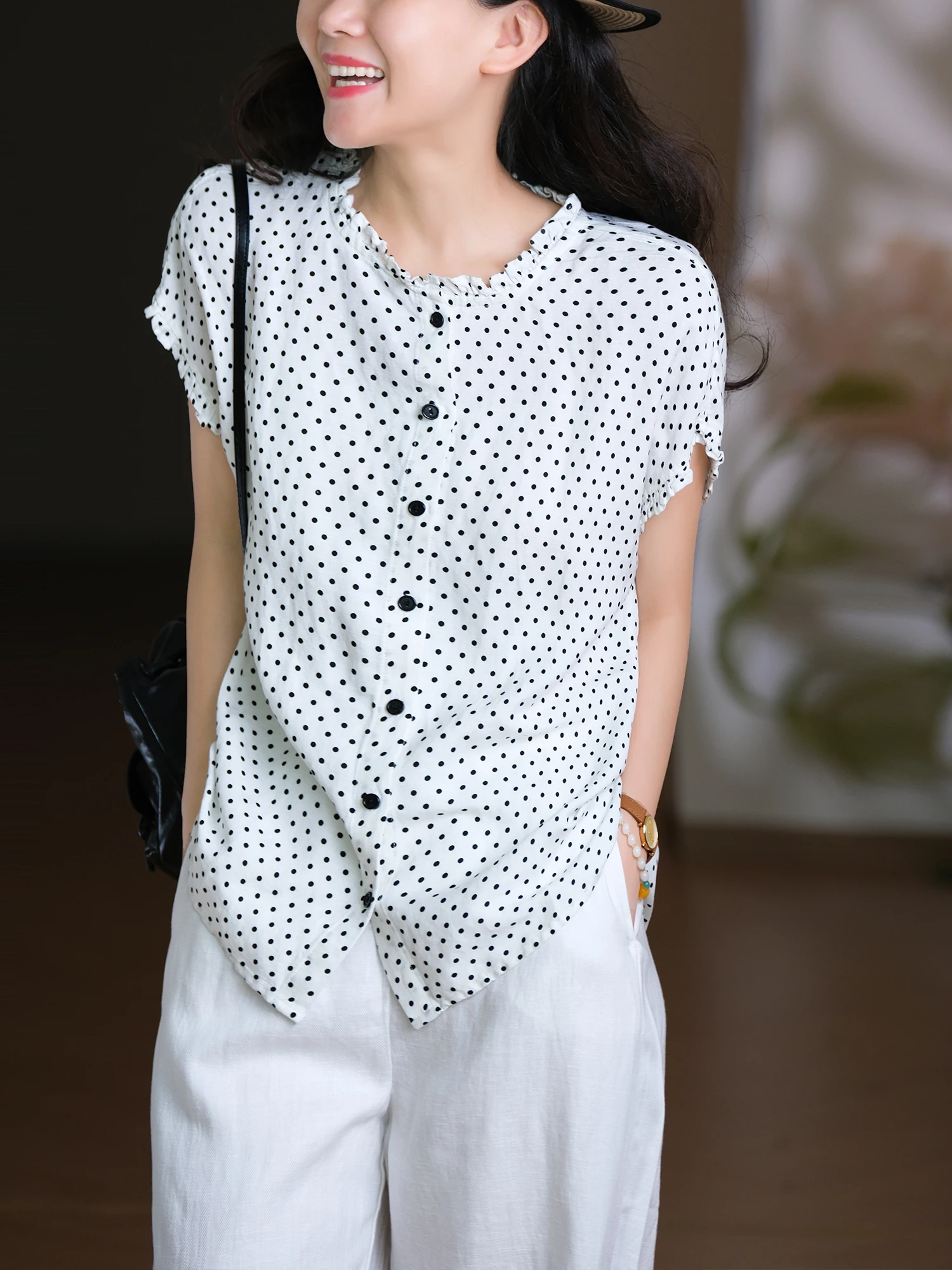

French Country Sle Breathable Meat Feeling Lace Sve Polka Dot irt T-irt Linen Blend Women's Summer Casual Top