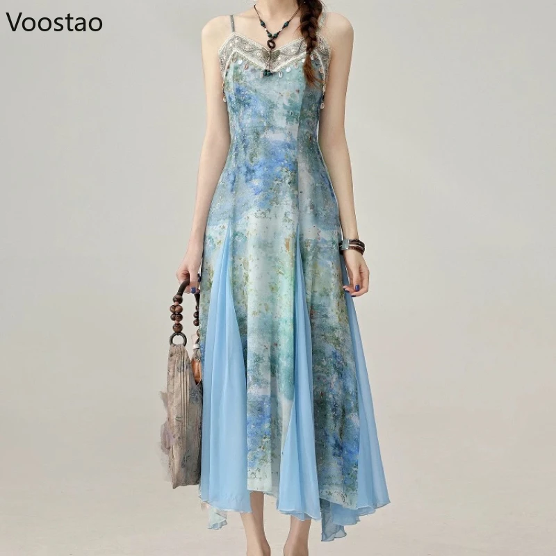 Summer French Seaside Holiday Party Dress Women Elegant Bule Print Sequins Fairy Long Dress Ladies Sweet Beach Boho A-Line Dress