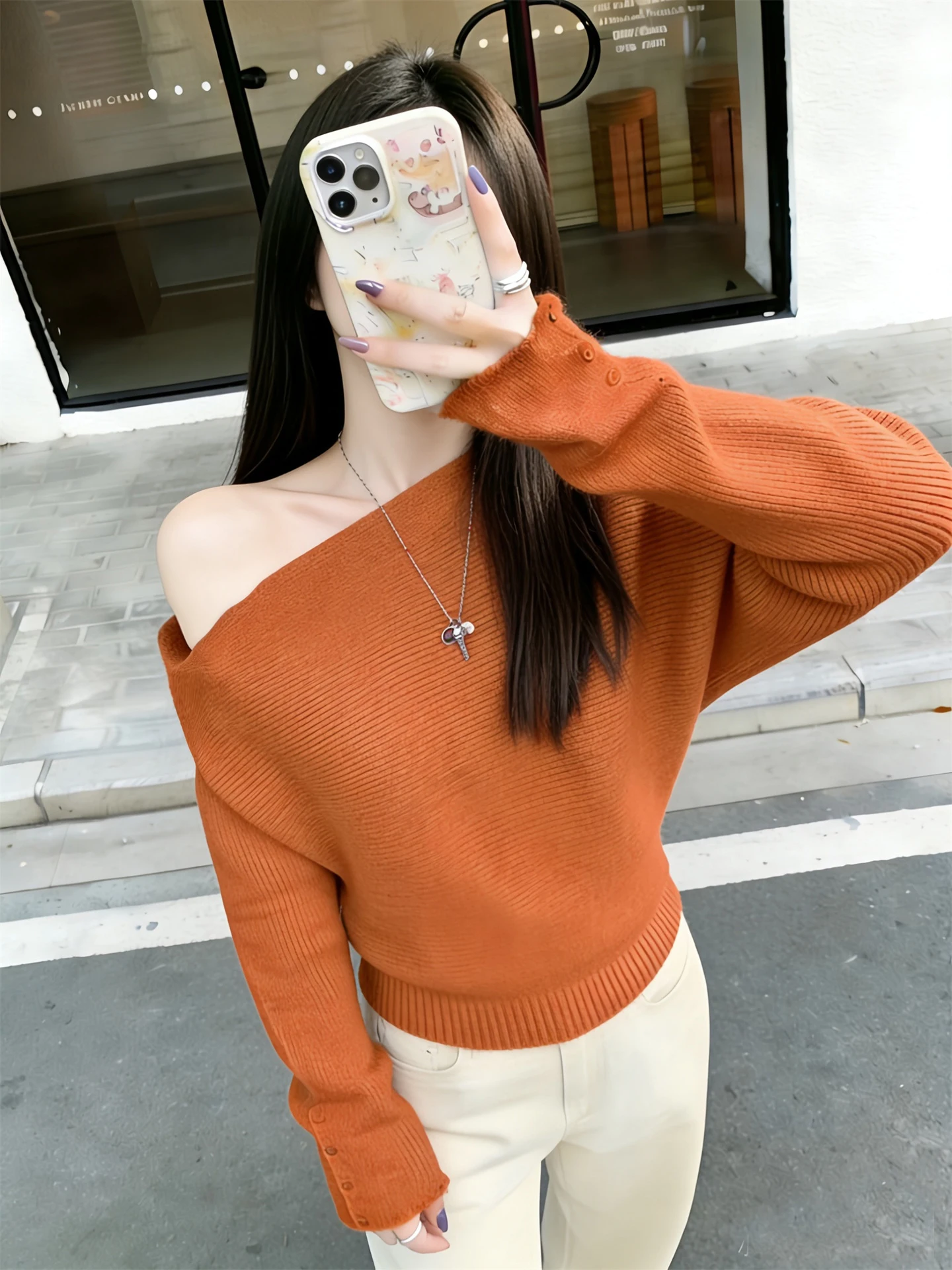 

Faionable Casual oulder Bared Long Sve Knitted Sweater Women Winter Slimming Color oulder Bared Top
