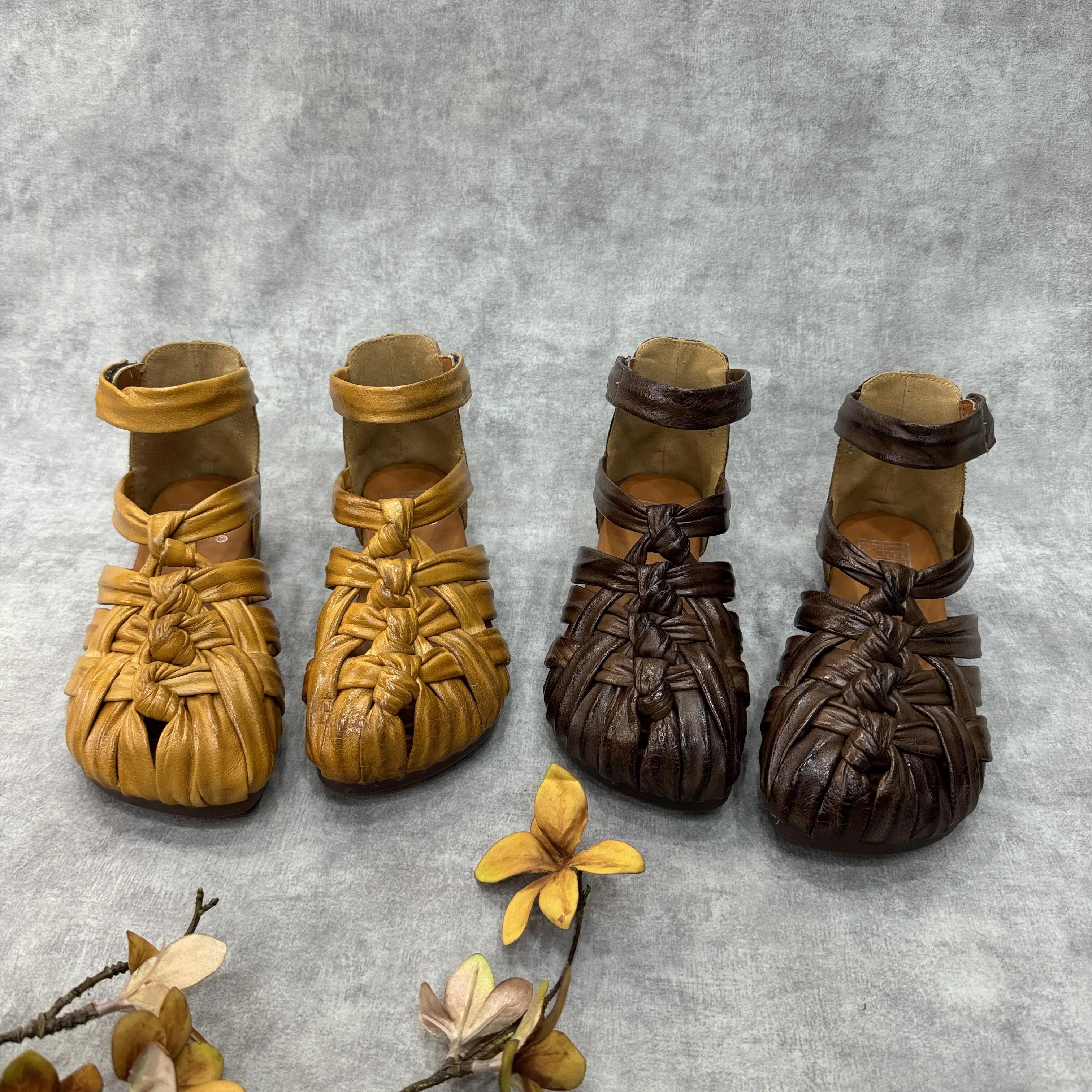 Birkuir Retro Handmade Woven Sandals For Women Genuine Leather Hook Loop Mary Jane Hollow Out Sandals Breathbale Sandals