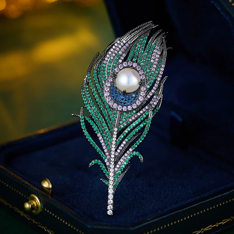 Copper Inlaid Zircon Feather Brooch National Style Retro Cheongsam Pearl Light Luxury Brooch Elegant Suit Jacket Clothing Access