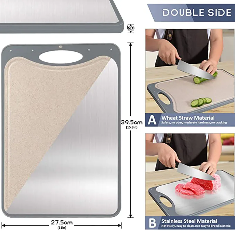YMEEI 304 Stainless Steel Cutting Board Double-sided Mildew-proof Wheat Chopping Block Rectangular Bread Fruit Kitchen Gadgets
