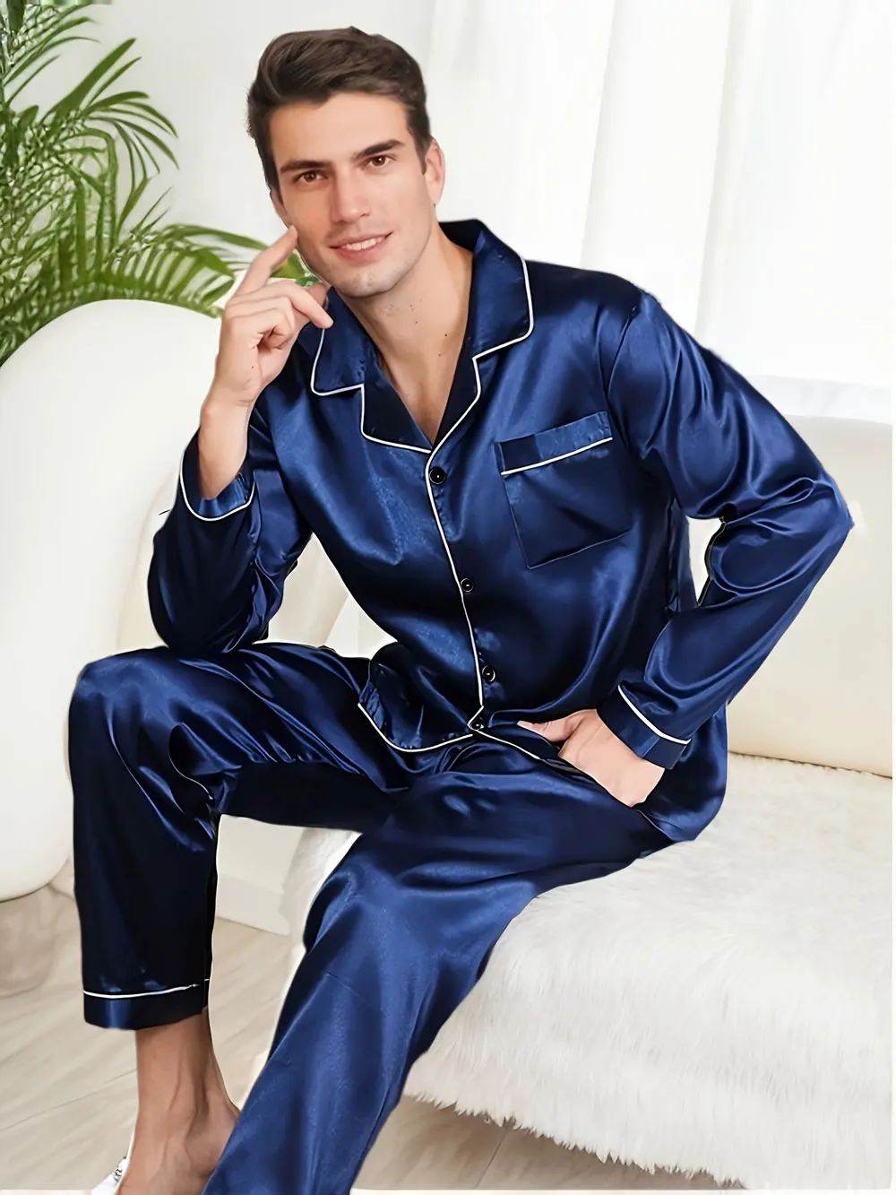 

Men Pajamas Set Sleepwear For Man Shirt Long Sleeve Pijama Male Silk Satin Sleeping Home Night Wear Suit Big Size Loungewear