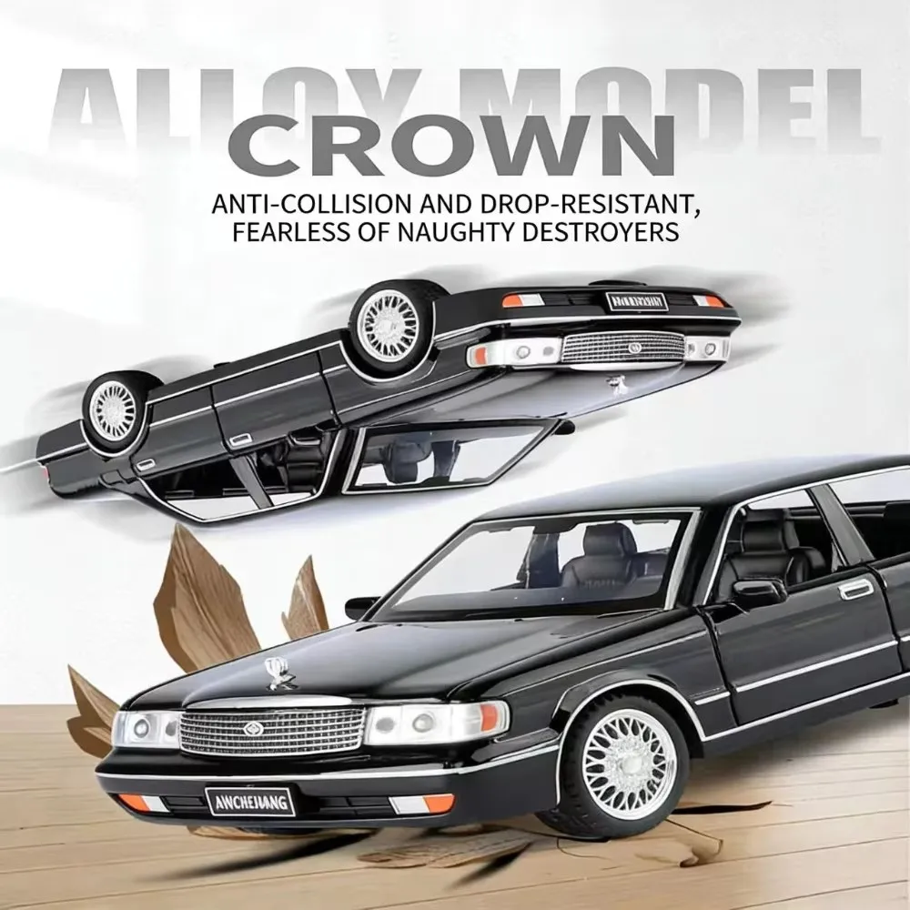 Voiture jouet moulée sous pression en alliage Crown Sedan 1:32, avec son et lumière, fonction de traction, portes ouvrantes, modèle réaliste pour enfants