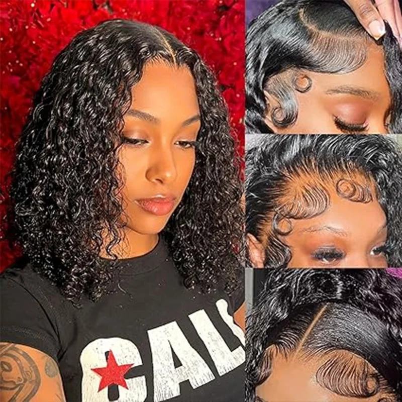 Parrucca Bob a onda profonda 13 × 4 parrucche frontali in pizzo capelli umani pre pizzicati capelli umani al 100% ricci d'acqua parrucca Bob anteriore in pizzo 4x4 per le donne 1B