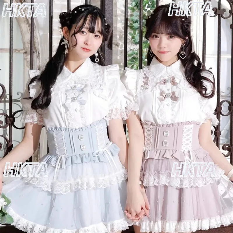 Japanese New Back Big Bow Bead Cake Gauze Skirt Women Summer New Sweet Pink Lolita Skirt Cute Doll Collar Short-sleeve Shirt Top