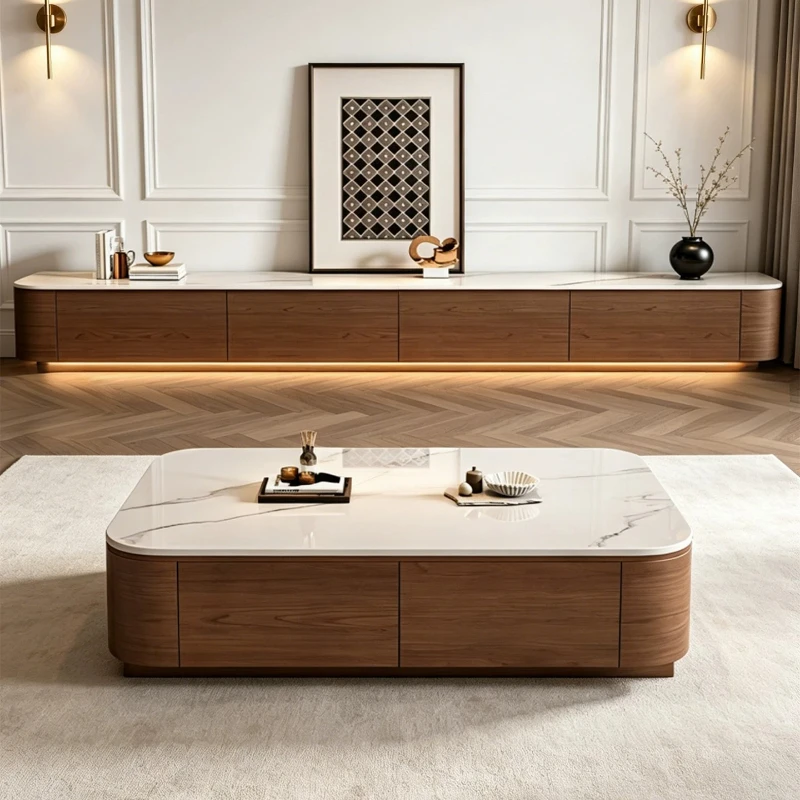 Solid Wood Rock Slab Coffee Table TV Cabinet Nordic Aesthetic Minimalist Luxury Tv Stands Storage Living Room Furniture