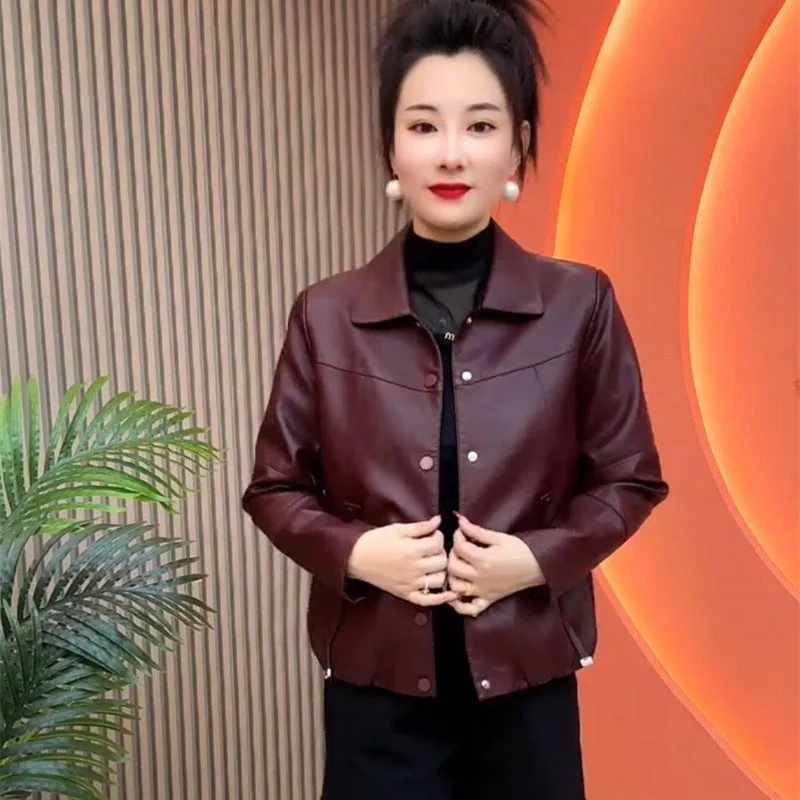 New 2026 Spring Autumn Leather Coat Ankela Red Short Leather Jacket Women's Korean Edition Versatile Casual Female Outerwear