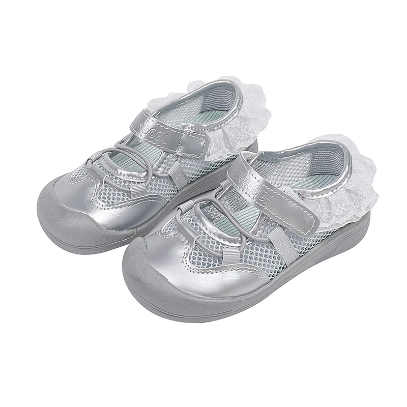 

Fashion Girl Sandal 2025 Summer New Mesh Breathable Girl's Sandals Lace Princess Anti-collision Kid's Casual Flat Shoes