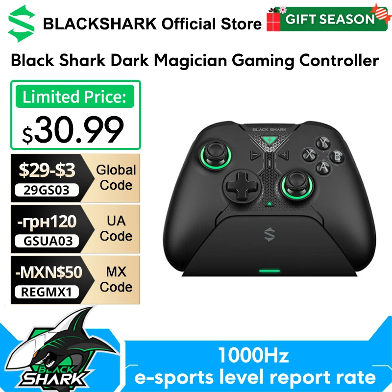 Versione globale Black Shark Dark Magician Controller di gioco 1000Hz Velocità di report cablato 12 bit ADC 4096 Punti di campionamento del joystick