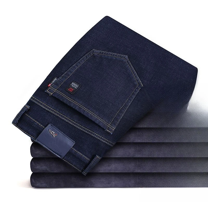 Inverno novo velo masculino quente jeans estilo clássico negócios casual engrossar regular ajuste calças jeans preto azul marca