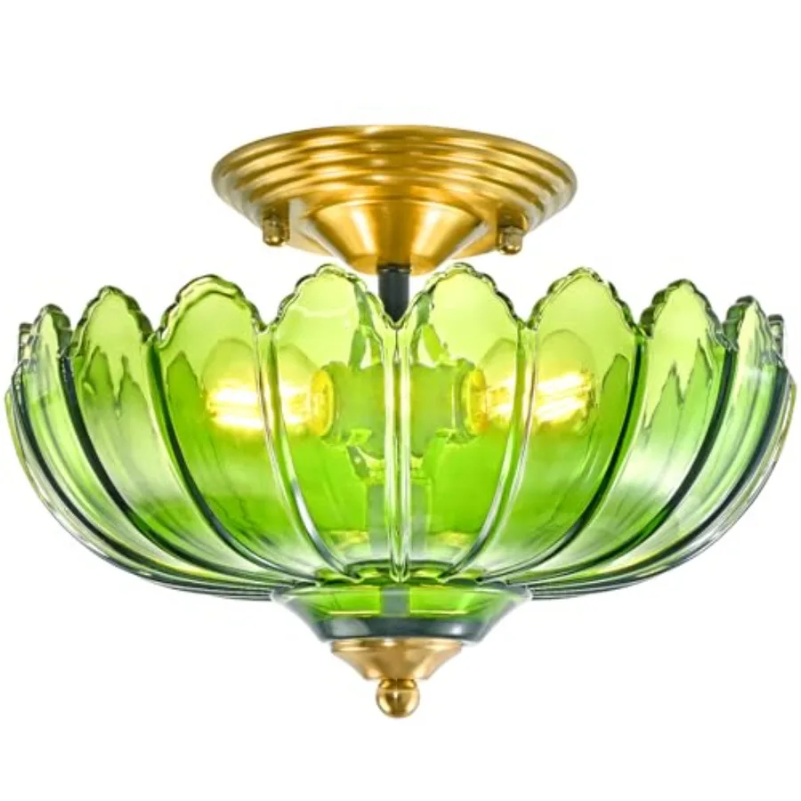 

Glass Ceiling Light Fixture - Handcrafted Art Glass Semi Flush Mount Chandelier 3 E26 Bases with Natural Shade Lighting Modern