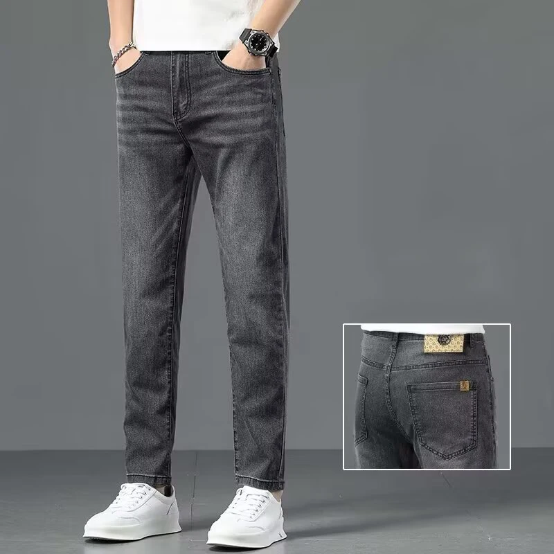 

Men Loose Straight Regular Casual Jeans Male Fashion Business Daily Denim Cropped Pants Classic Simplicity Light Gray Trousers