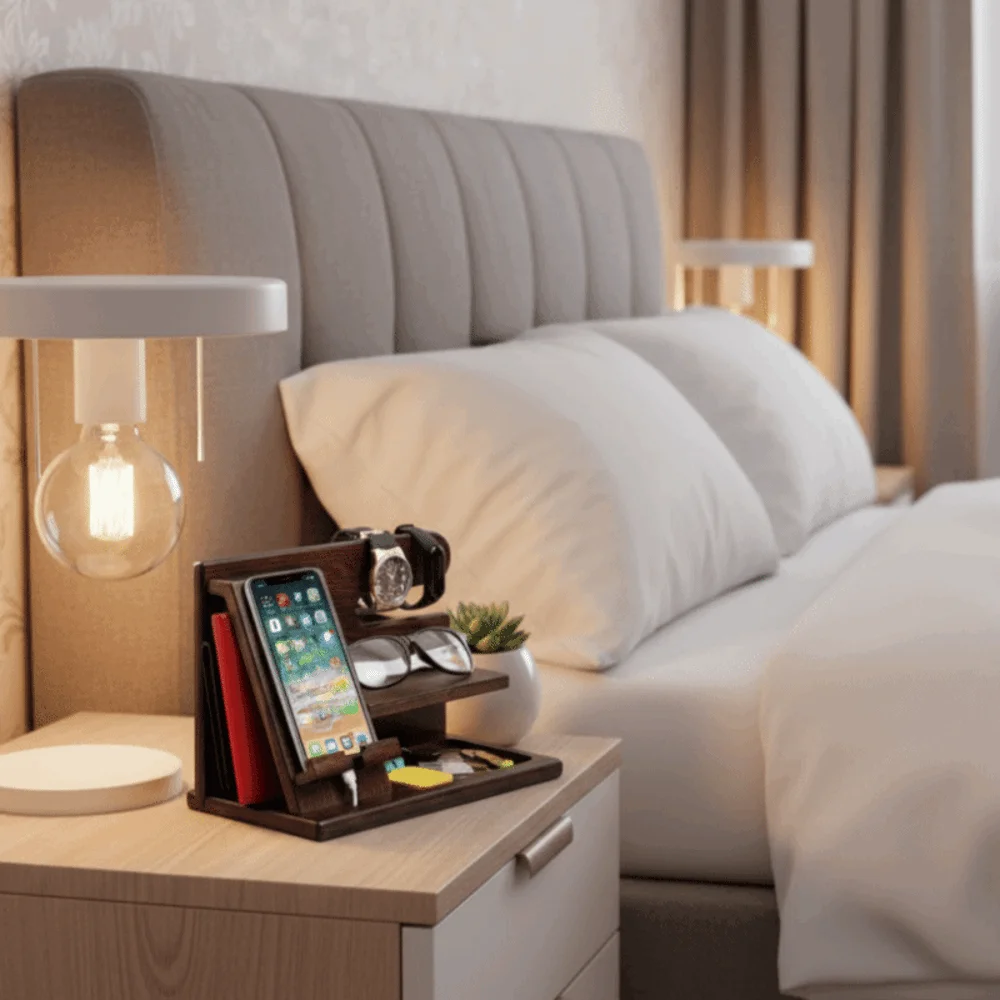 

Solid Wood Charging Phone Holder Space Saving Stable Groove Design Watch Organizer Detachable Phone Docking Station Nightstand