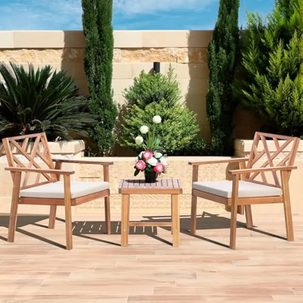 

3 Piece Outdoor Patio Furniture Set, Wooden Patio Sets w/Padded Cushion Chairs and Coffee Table, Lounge Conversation Set