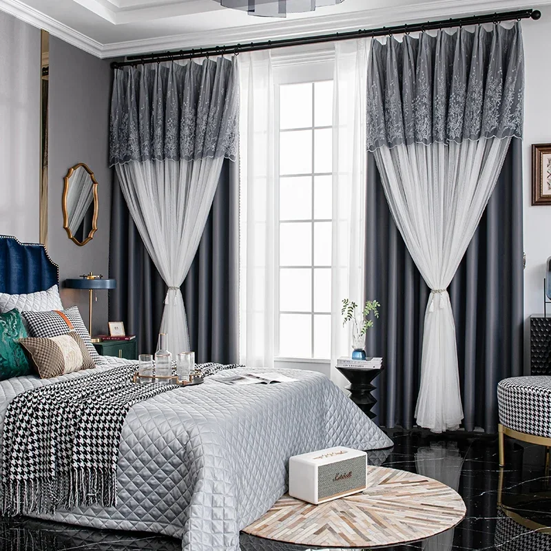 Elegant Embroidery Curtains for Bedroom Living Room High Blackout Fabric Yarn One Modern Simple High Precision Texture High-end