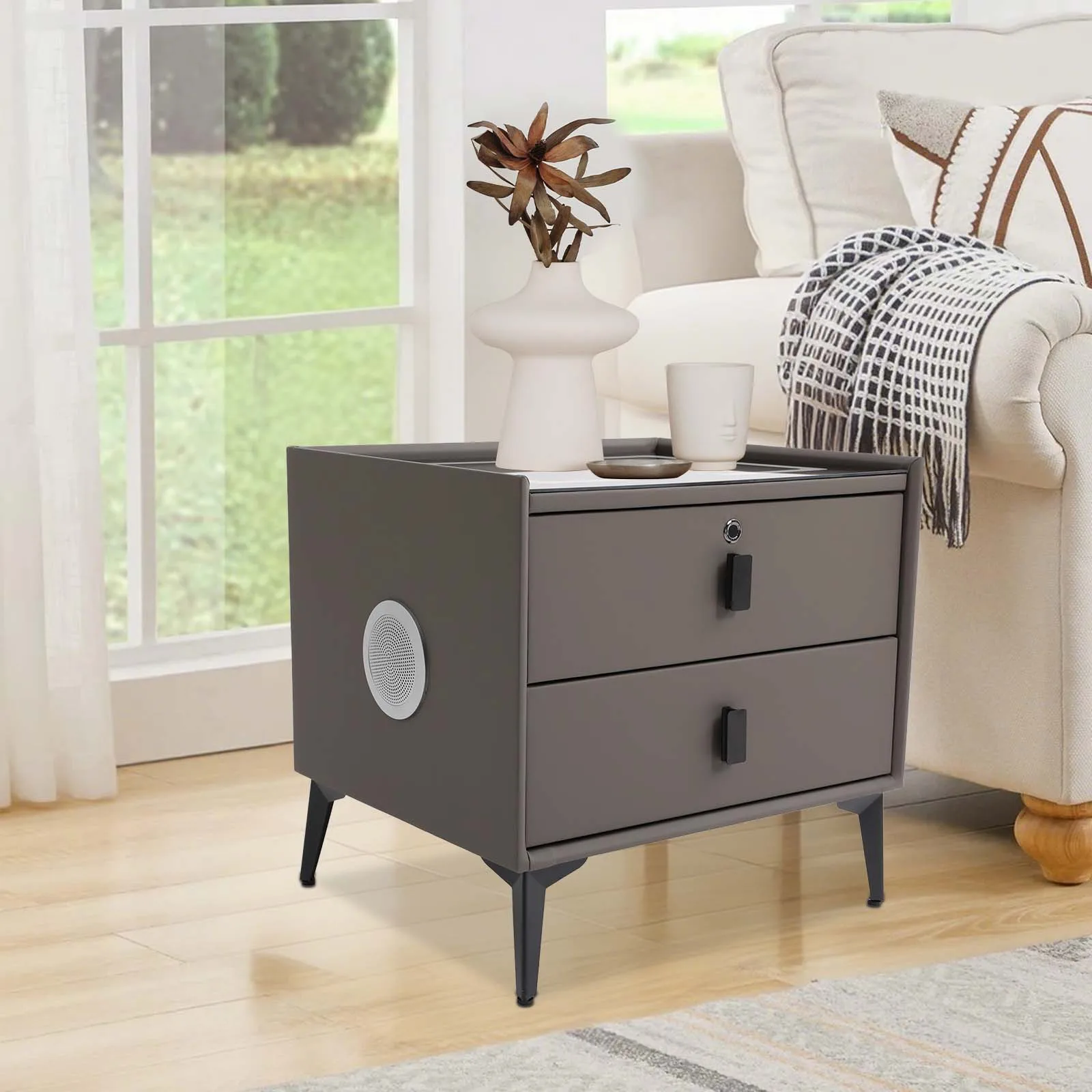 

Bedside Table with Drawers, Bluetooth Speaker Smart Bedside Table with Light Usb& Wireless Charging