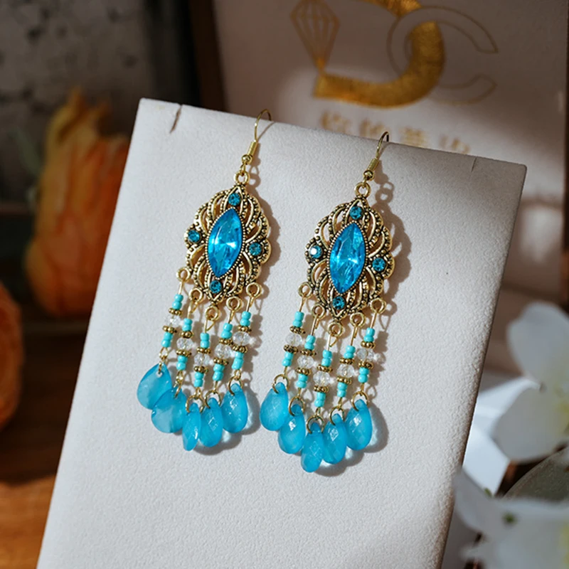 Neue Böhmische Ethnische Bunte Wasser Tropfen Quaste Ohrringe für Frauen Lange Hohl Antike Gold Farbe Baumeln Ohrring Pendientes Mujer – Detail 8